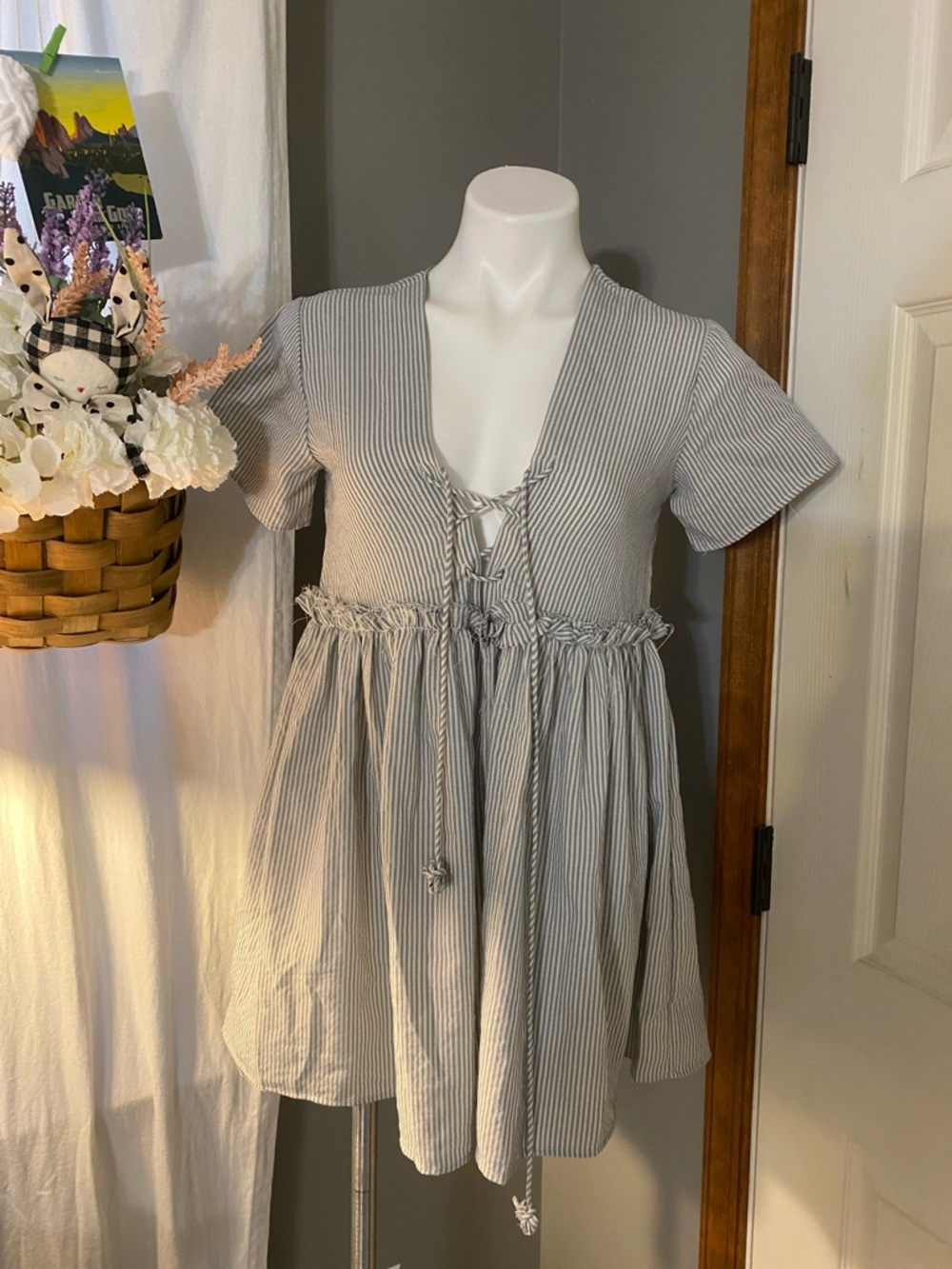 Hazel Striped Lace-Up Babydoll Mini Dress in Light Gray